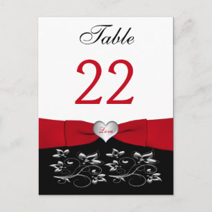 Black White Red Floral, Heart Table Number Card