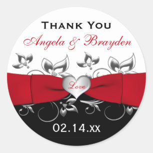 Black White Red Floral Heart Wedding Favour Sticke Classic Round Sticker