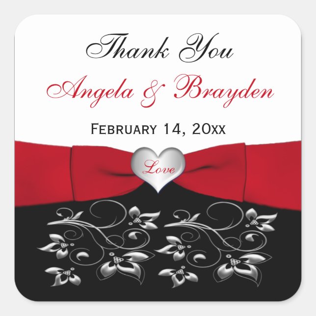 Black White Red Floral Heart Wedding Favour Sticke Square Sticker (Front)