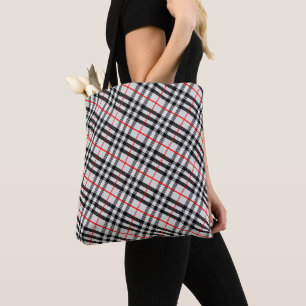 Black White Red Gingham Classic Chequered Fabric Tote Bag