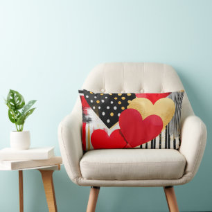 BLACK WHITE RED GOLD MODERN VALENTINE HEARTS LUMBAR CUSHION