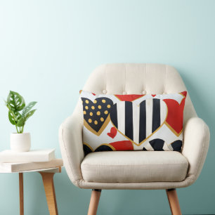 BLACK WHITE RED GOLD MODERN VALENTINE HEARTS LUMBAR CUSHION