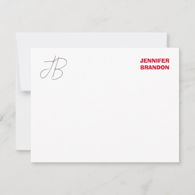Black White Red Handwriting Monogram Add Name Card (Front)