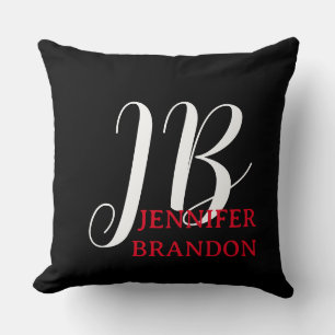 Black White Red Handwriting Monogram Add Name Cushion