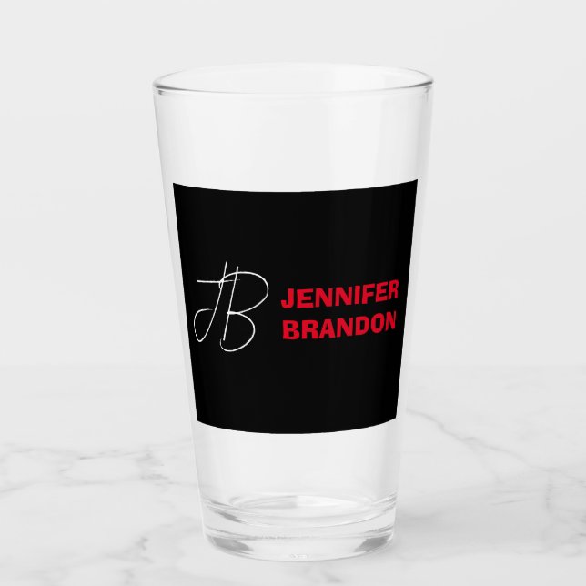 Black White Red Handwriting Monogram Add Name Glass (Front)