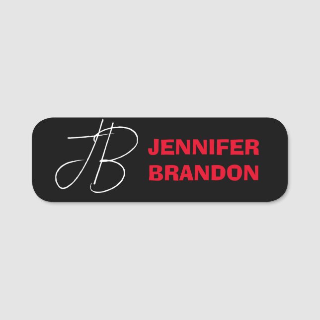 Black White Red Handwriting Monogram Add Name Tag (Front)