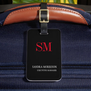 Black White Red Handwriting Monogram Minimalist Luggage Tag