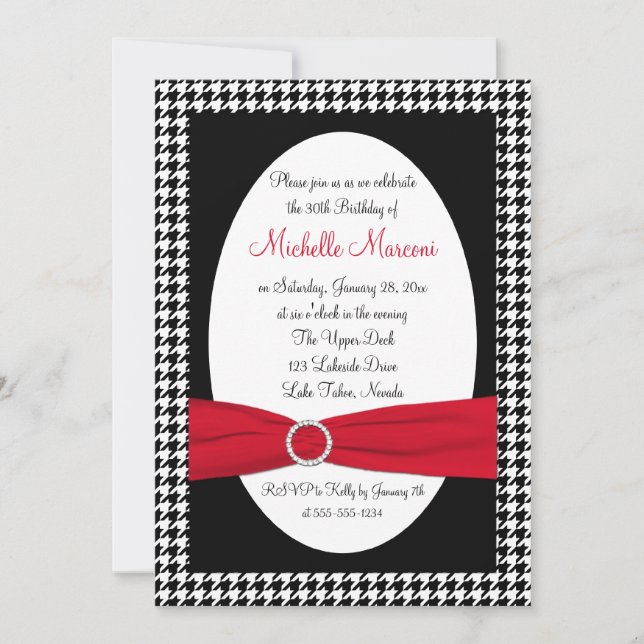 Black, White, Red Houndstooth 30th Birthday Invite (Front)