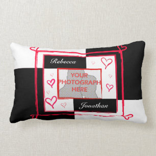 Black white red modern love heart photo frame lumbar cushion