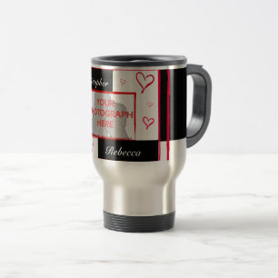 Black white red modern love heart photo frame travel mug