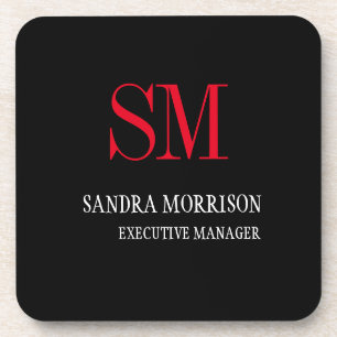 Black White Red Monogram Minimalist Coaster