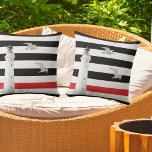 Black white red nautical stripes lighthouse outdoor cushion<br><div class="desc">Classic black,  red and white nautical stripes with flying seagulls and a white lighthouse tower.  One single red stripe.
A classic maritime pillow for your summer home or beach house!</div>