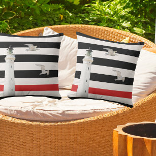 Black white red nautical stripes lighthouse outdoor cushion