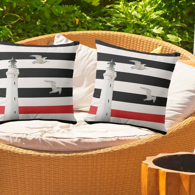 Black white red nautical stripes lighthouse outdoor cushion (Creator Uploaded)