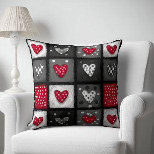 Black White Red Patchwork with Hearts Cushion