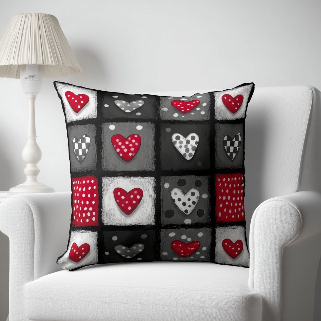 Black White Red Patchwork with Hearts Cushion (Creator Uploaded)