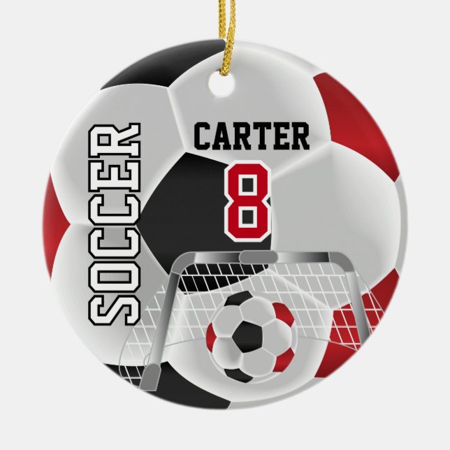 Black, White & Red Personalise Soccer  ⚽💖 Ceramic Tree Decoration (Front)