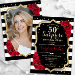 Black White Red Photo Surprise 50th Birthday Invitation<br><div class="desc">Elegant floral feminine surprise 50th birthday invitation with your photo at the back of the card. Glam black white red design with faux glitter gold. Features black and white stripes, red roses, script font and confetti. Perfect for a stylish adult bday celebration party. Personalise with your own details. Can be...</div>