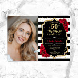 Black White Red Photo Surprise 50th Birthday Invitation<br><div class="desc">Elegant floral feminine surprise 50th birthday invitation with your photo. Glam black white red design with faux glitter gold. Features black and white stripes, red roses, script font and confetti. Perfect for a stylish adult surprise bday celebration party. Personalise with your own details. Can be customised for any age! Printed...</div>