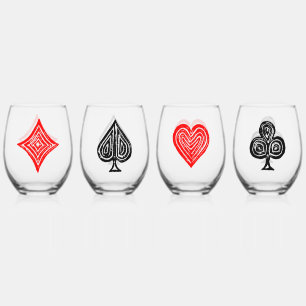 Black/White/Red Playing Card All Symbols Lino Cut Stemless Wine Glass