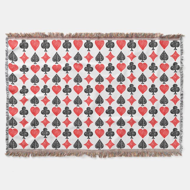 Black/White/Red Playing Card All Symbols Lino Cut Throw Blanket (Front)