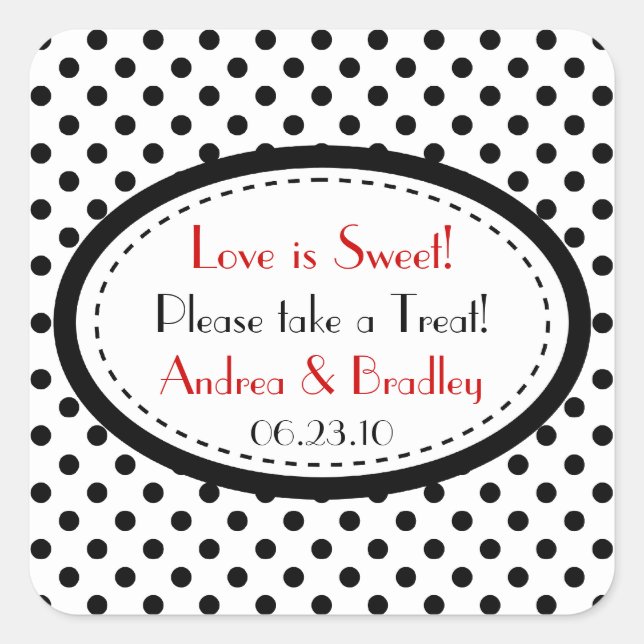 Black White Red Polka Dot Candy Buffet Wedding Square Sticker (Front)