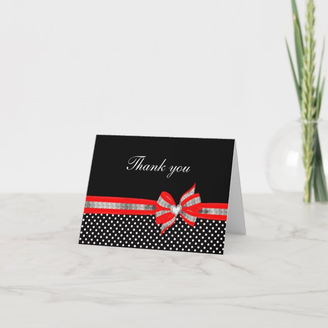 Black White Red Polka Dot Thank You Card (Front)