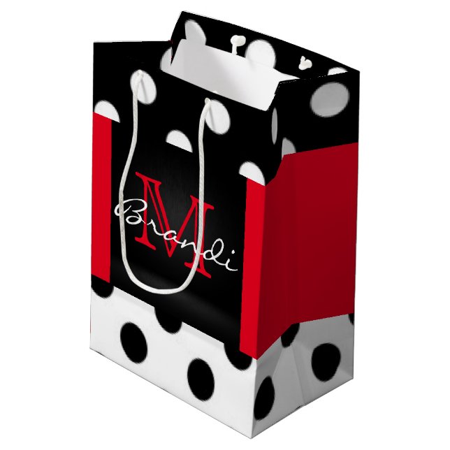 Black White & Red Polka Dots & Monogram Medium Gift Bag (Back Angled)
