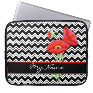 Black & White Red Poppy Zizzag Chevron Customised Laptop Sleeve
