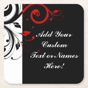 Black White Red Reverse Swirl Personalised Square Paper Coaster