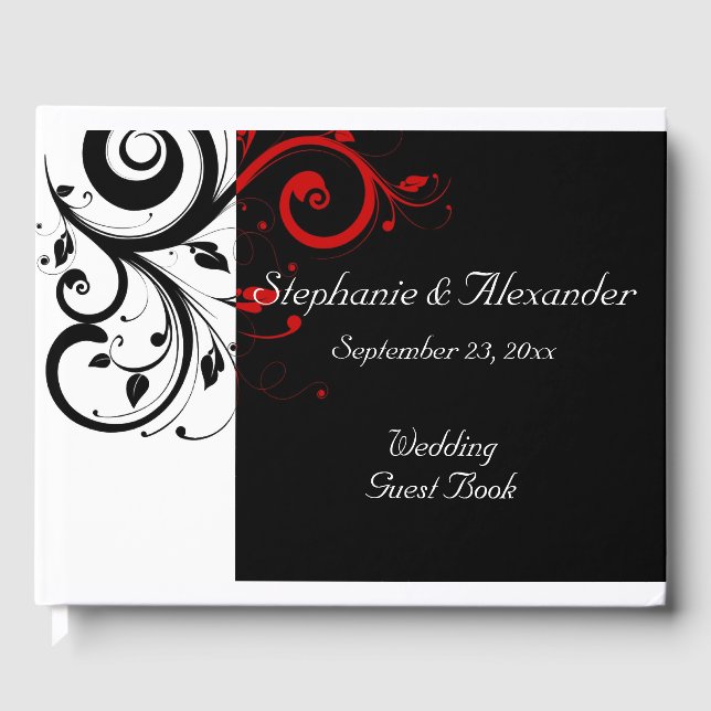 Black White Red Reverse Swirl Wedding Guest Book (Front)