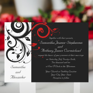 Black/White/Red Reverse Swirl Wedding Invitations