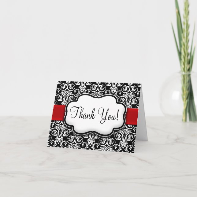 Black/White/Red Ribbon Damask Thank You Card (Front)