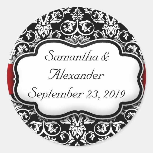 Black/White/Red Ribbon Damask Wedding Classic Round Sticker (Front)