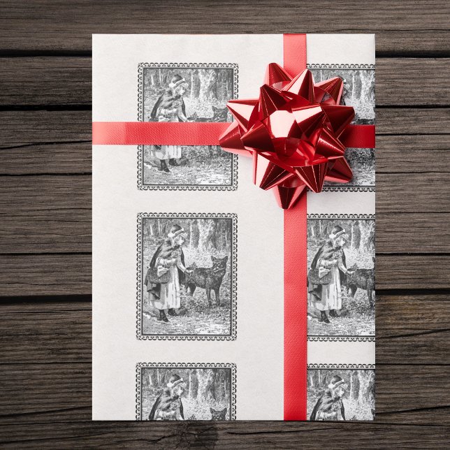 Black White Red Riding Hood Wolf Black Frame Wrapping Paper (Vintage Red Riding Hood wolf in forest in black frame on textured look white gift wrap paper.)