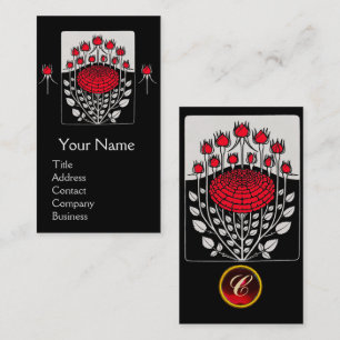 BLACK WHITE RED ROSES ,ROSEBUDS Art Nouveau Floral Business Card