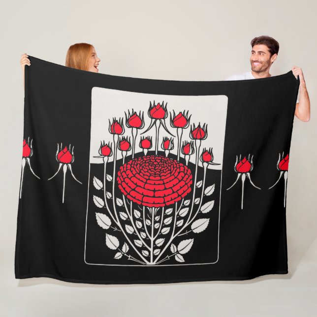 BLACK WHITE RED ROSES ,ROSEBUDS Art Nouveau Floral Fleece Blanket (In Situ)