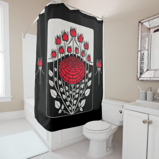 BLACK WHITE RED ROSES ,ROSEBUDS Art Nouveau Floral Shower Curtain (In Situ)