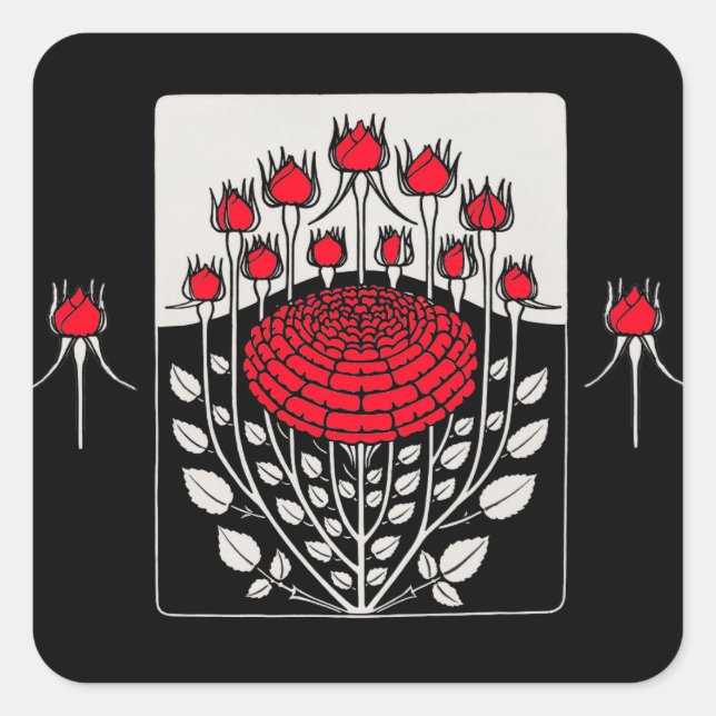BLACK WHITE RED ROSES ,ROSEBUDS Art Nouveau Floral Square Sticker (Front)