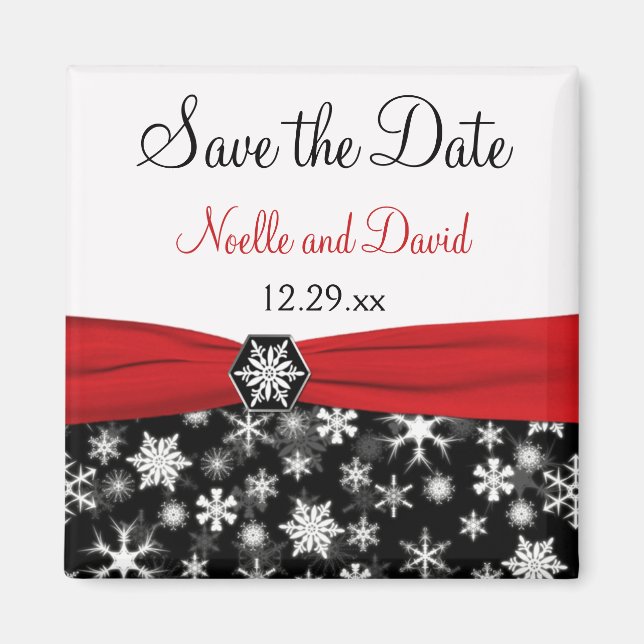 Black, White, Red Snowflakes Save the Date Magnet (Front)