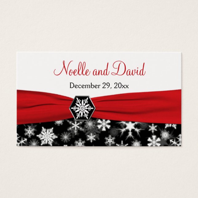 Black, White, Red Snowflakes Wedding Favour Tag (Front)