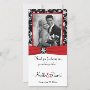 Black, White, Red Snowflakes Wedding Photo Card