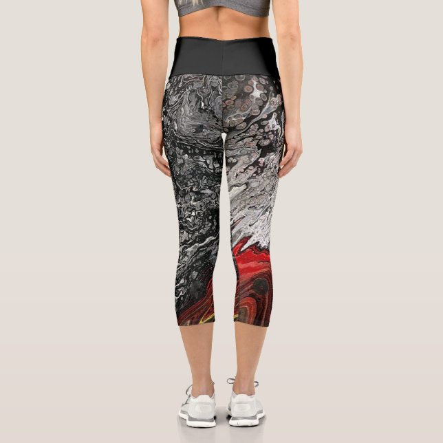 Black, White, & Red Static Flow Abstract Print Capri Leggings (Back)