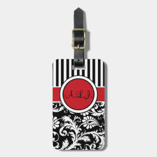 Black, White, Red Striped Damask Luggage Tag