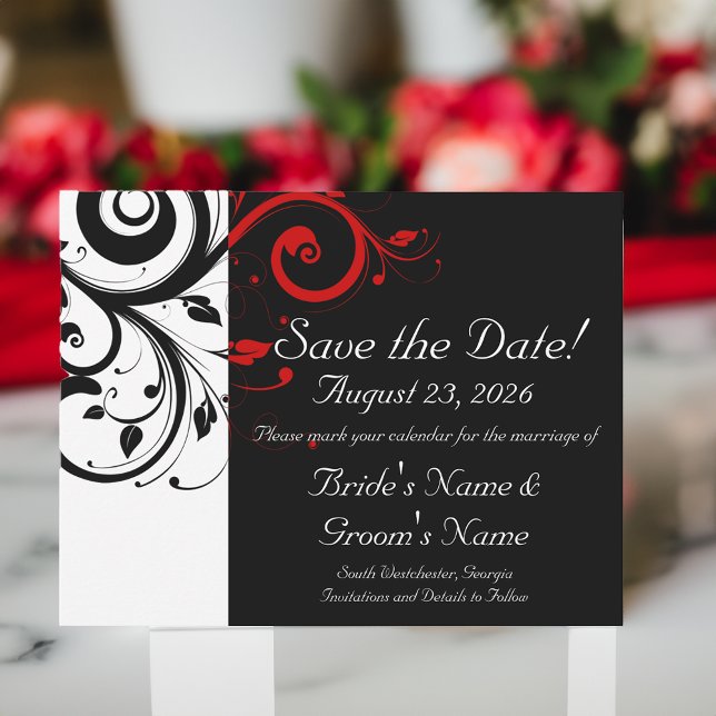 Black, White, Red Swirl Wedding Save the Date (black white red swirl wedding save the date cards)