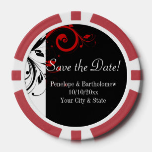 Black, White, Red Swirl Wedding Save the Date Poker Chips