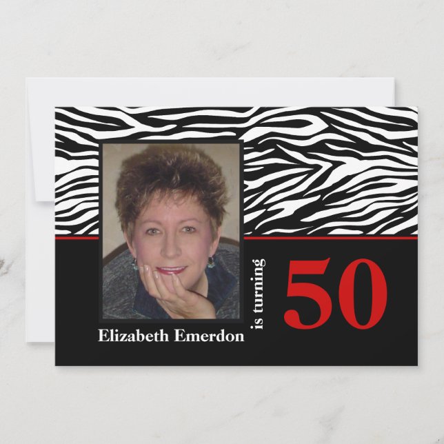 Black white red zebra print 50th birthday photo invitation (Front)