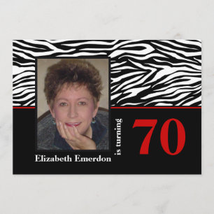 Black white red zebra print 70th birthday photo invitation