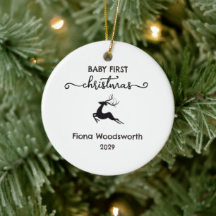 Black & White Reindeer Baby First Christmas Photo Ceramic Tree Decoration