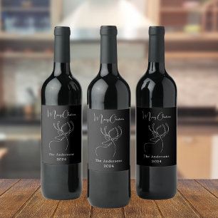 Black white reindeer modern doodle Christmas Wine Label